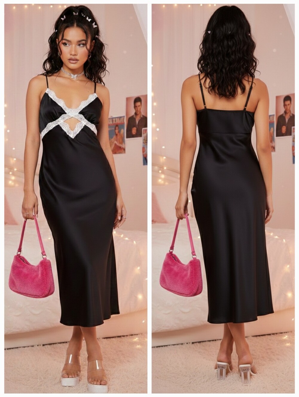 Forever 21 M Y2K Romantic Coquette Girl Feminine Satin Lace Midi Slip Dress
